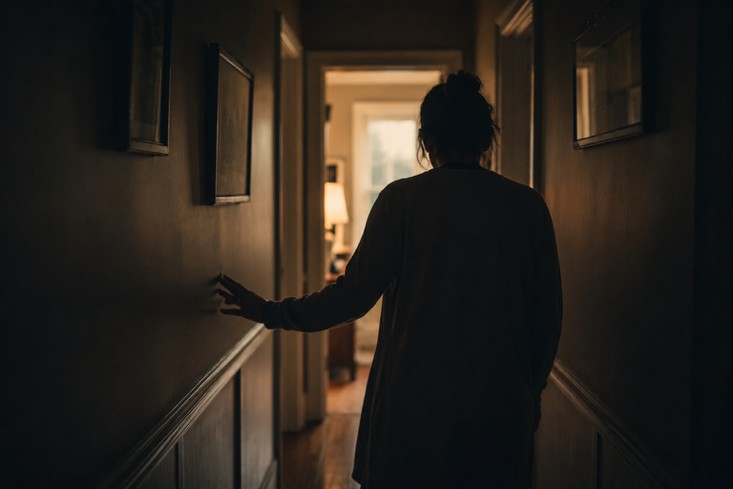 Person walking cautiously through a familiar hallway with fingertips grazing the wall, symbolizing nervous system vigilance.