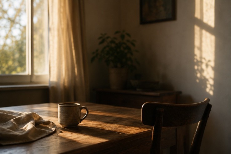 Sunlit domestic room with quiet table and untouched cup, expressing emotional timing and gentle stillness.