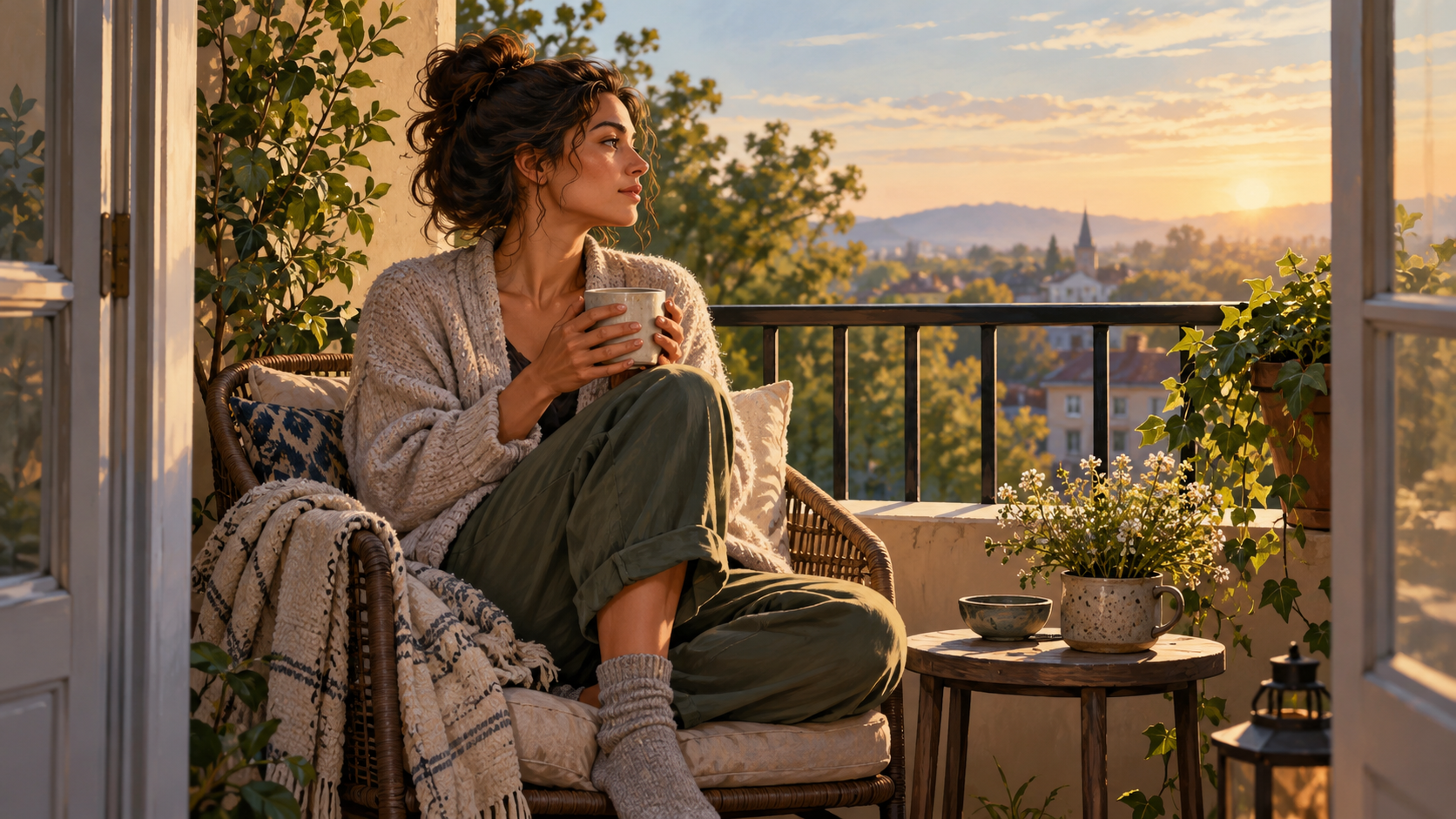 A woman holding a mug while sitting on a plant-filled balcony in warm morning light.