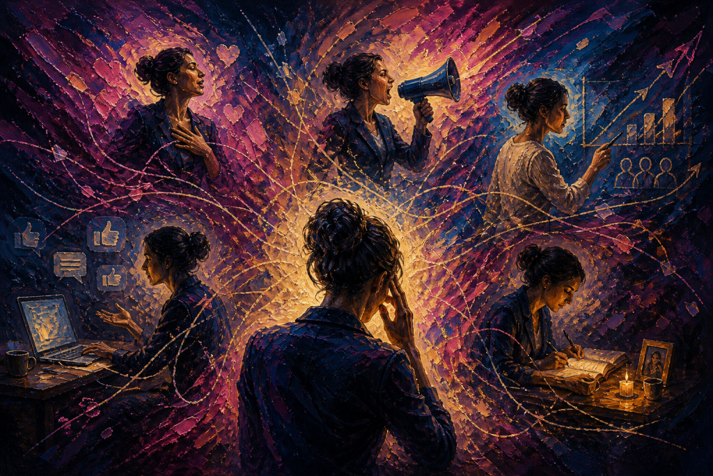 Multiple versions of the same person expressing different messages without connection, representing fragmented content without a coherent framework