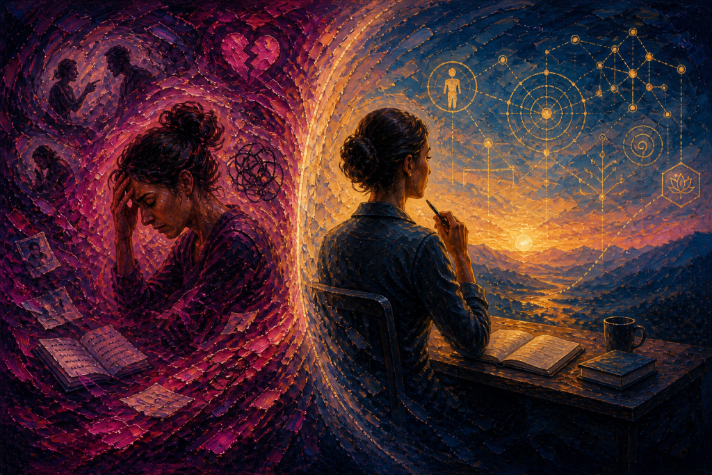 Same person shown in two states: immersed in emotional experience versus observing structured patterns, representing the shift from lived experience to narrative distance