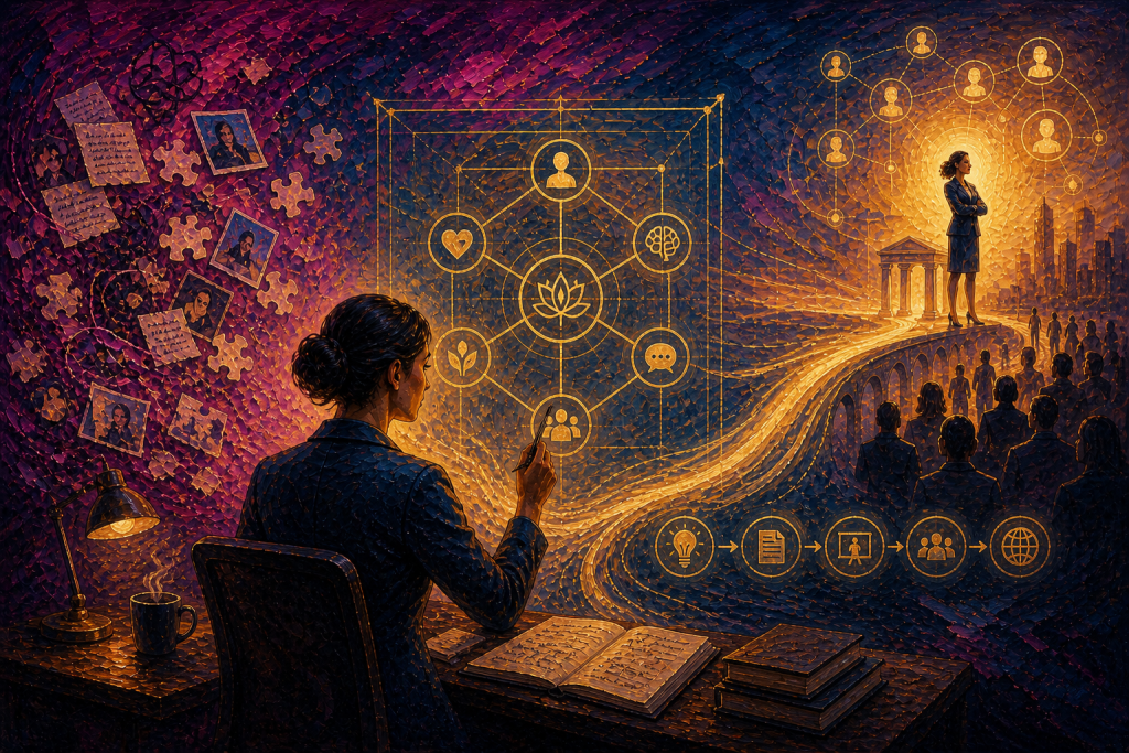Person organizing fragmented experiences into a structured framework with connected elements, representing the transformation of patterns into a repeatable system