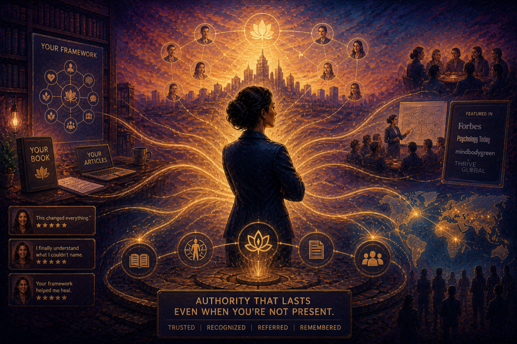 Person standing at the center of a connected system of content, people, and ideas, representing authority that continues to influence and guide others independently